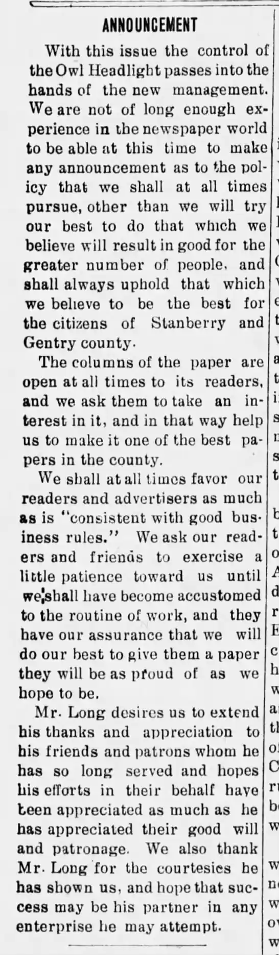 New Management of Owl-Headlight Apr 2, 1912